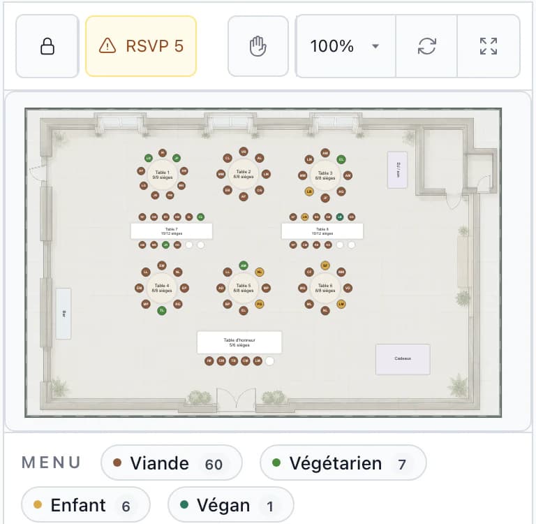 Plan de table sur téléphone : plan de la grange et récapitulatif des menus