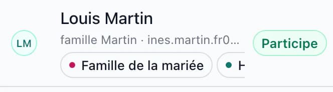 Invité Louis Martin marqué Présent avec les étiquettes Famille de la mariée et Hébergé