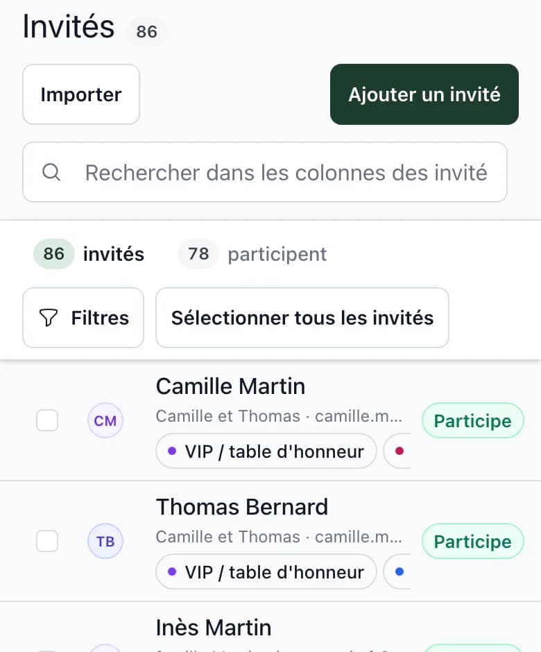 Liste des invités sur téléphone