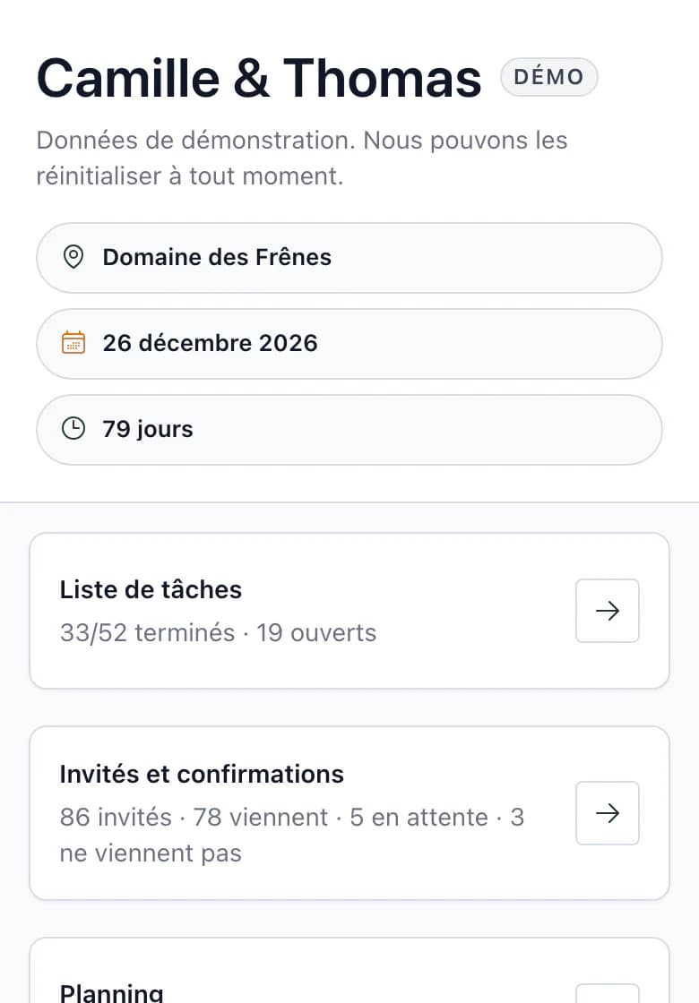 Vue d'ensemble du mariage Camille & Thomas sur téléphone : nom du mariage et lieu Domaine des Frênes