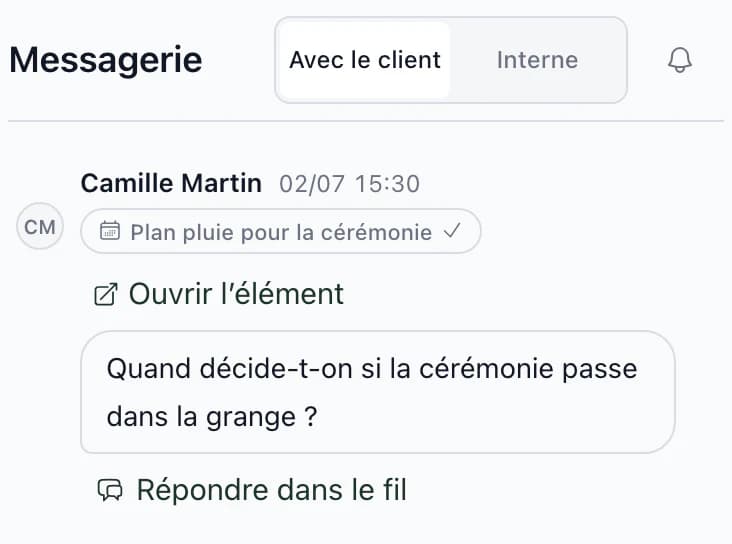 Message de la cliente Camille Martin sur l'événement Plan de repli en cas de pluie : quand décider de déplacer la cérémonie dans la grange