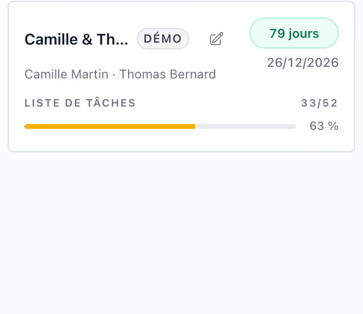Vue d'ensemble des mariages sur téléphone : Camille & Thomas dans 81 jours, 33 tâches sur 52, et Tereza & Matěj dans 102 jours