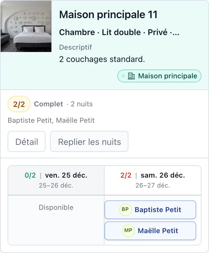 Chambre Bâtiment principal 11 par nuit sur téléphone : libre le vendredi ; Maëlle Petit et Baptiste Petit le samedi 26 déc., chambre complète