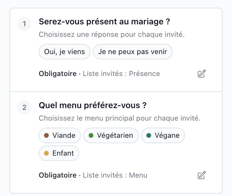 Question RSVP Confirmez-vous votre présence au mariage ? liée à Liste des invités : Présence, sur téléphone