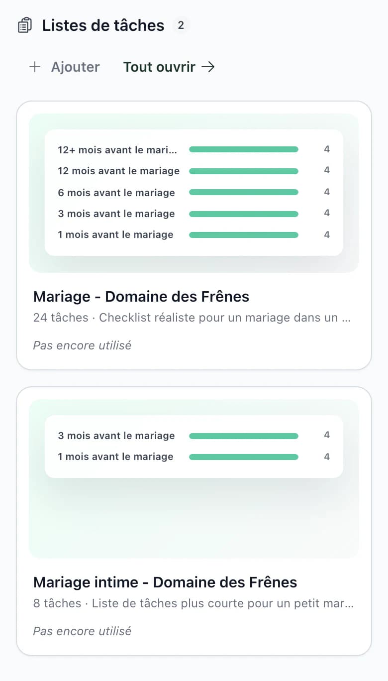 Modèles sur téléphone : listes des tâches avec aperçu par mois jusqu'au mariage