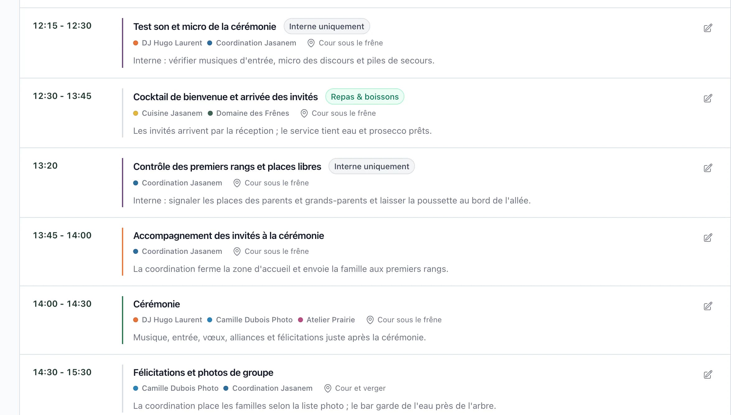 Planning du jour du mariage, balance sonore à 12:15, déplacement des invités à 13:45, cérémonie à 14:00 et félicitations, avec les prestataires à chaque étape