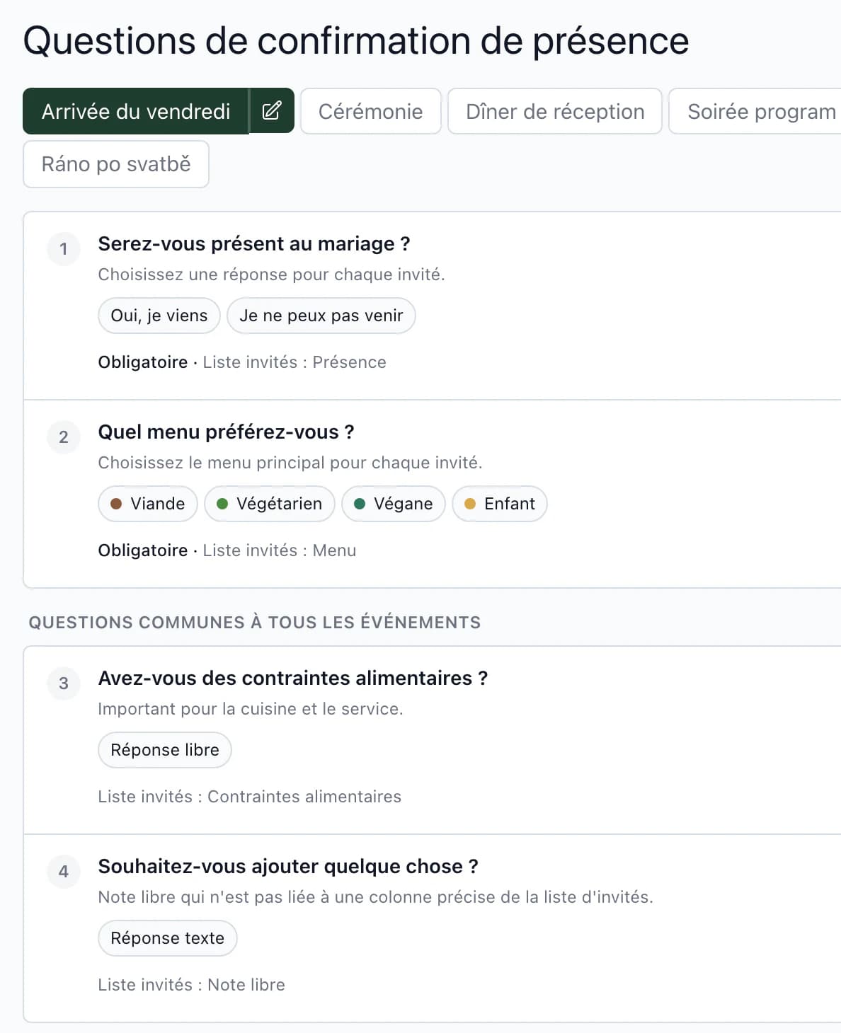 Paramètres des questions RSVP, présence et choix du menu liés à la liste des invités