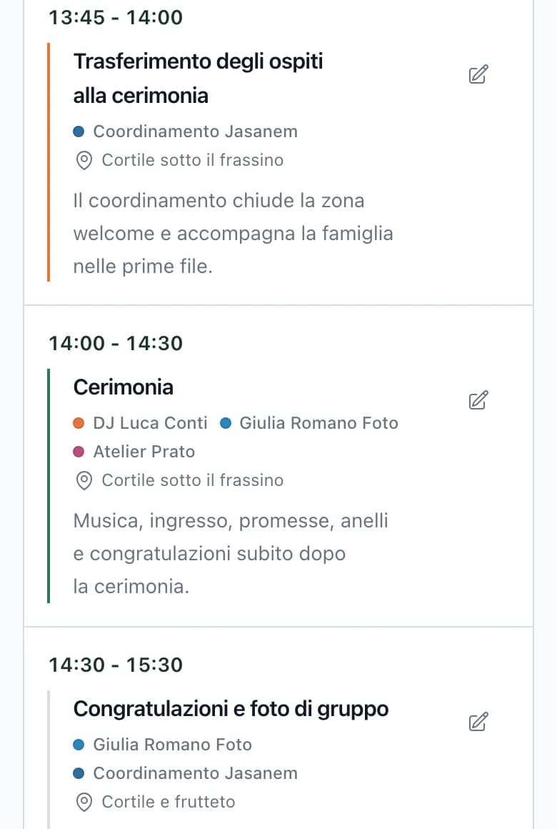 Scaletta del giorno del matrimonio sul telefono, con trasferimento degli invitati alle 13:45, cerimonia alle 14:00 e auguri, con fornitori per ogni voce