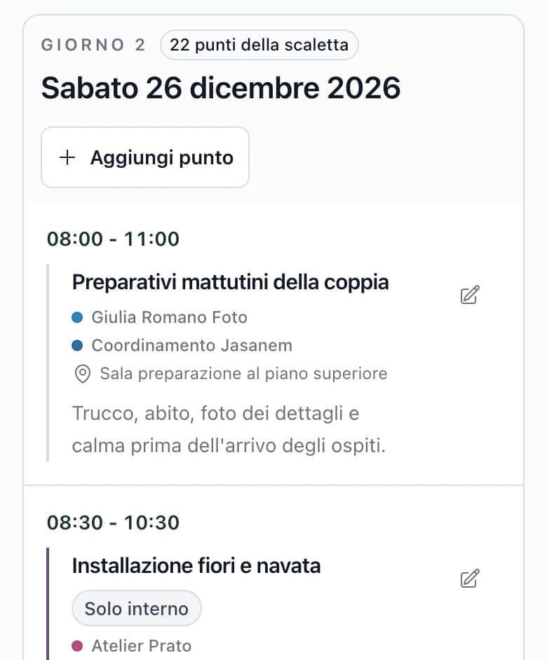 Scaletta del giorno del matrimonio sul telefono, con orario, voce del programma, fornitori e luogo