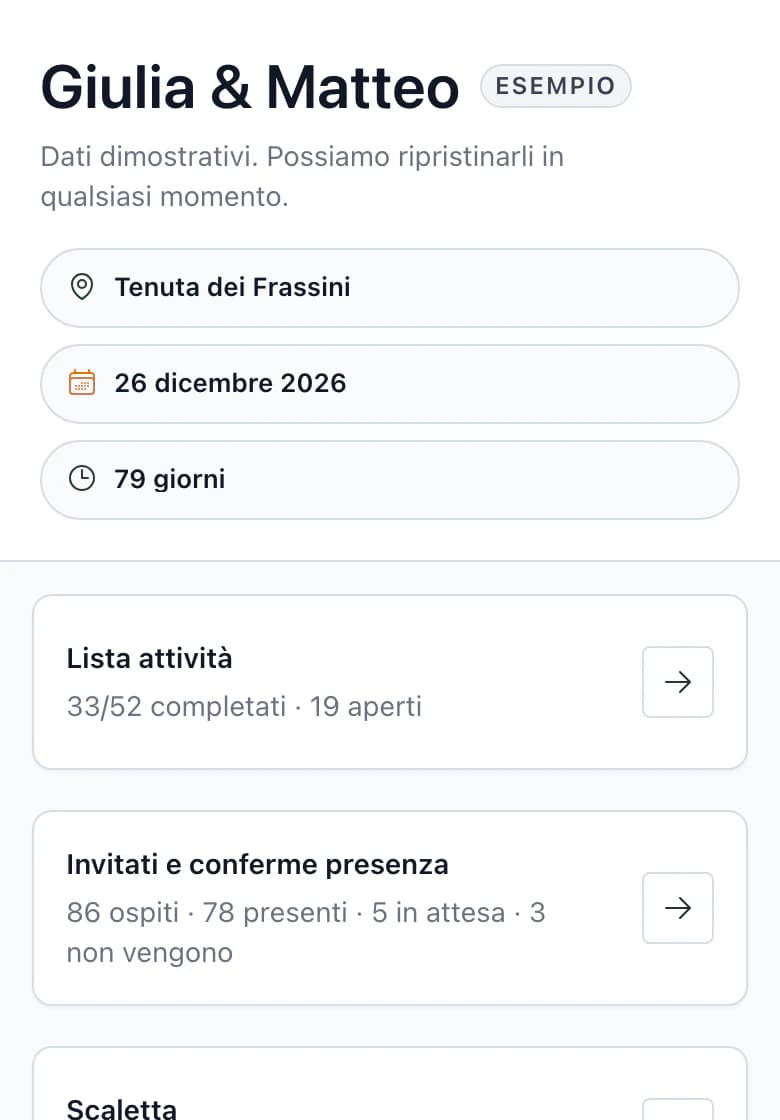 Riepilogo del matrimonio Giulia & Matteo sul telefono: nome del matrimonio e location Tenuta dei Frassini