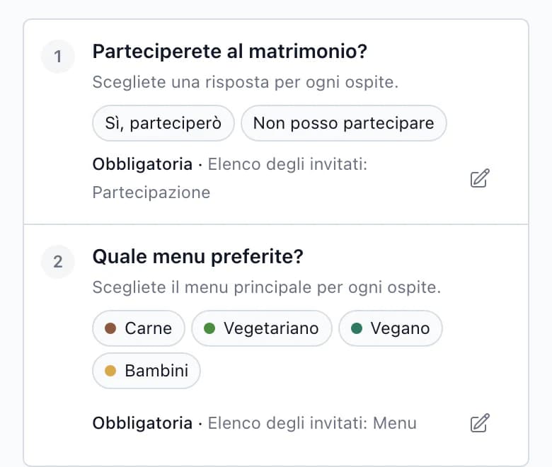 Domanda RSVP Confermi la tua presenza al matrimonio? collegata a Lista invitati: Presenza, sul telefono