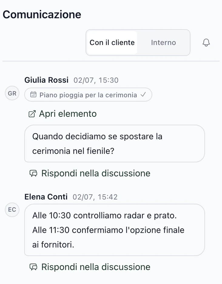 Comunicazioni con il cliente, con domanda di Giulia Rossi nella voce Piano pioggia della cerimonia sullo spostamento nel fienile e risposta con gli orari dei controlli