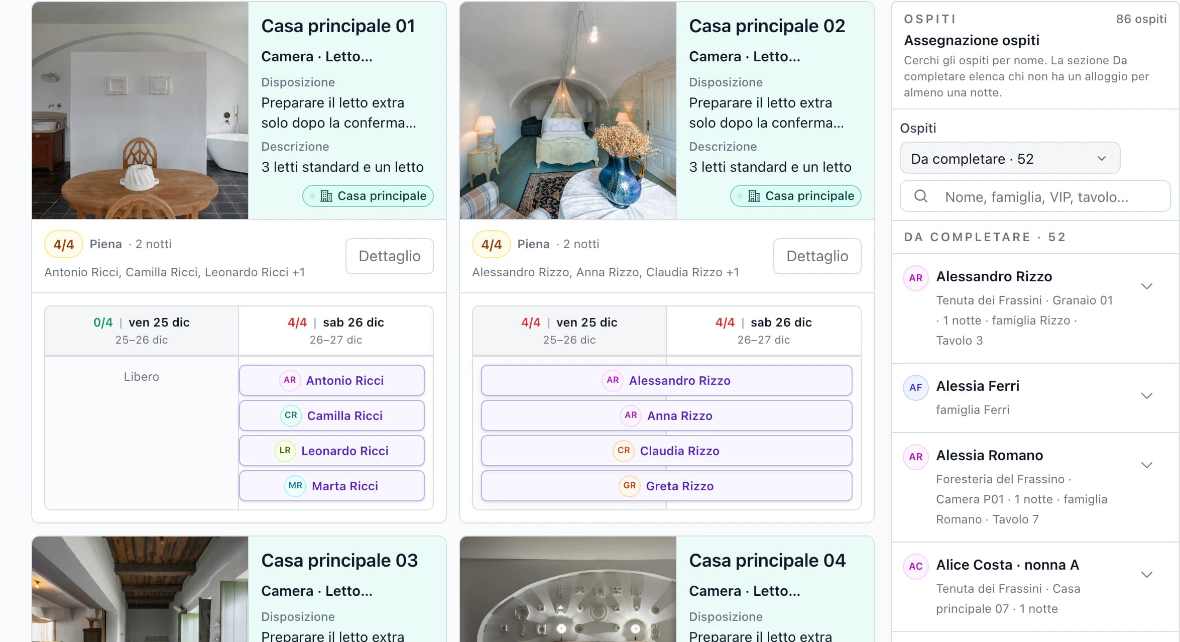 Prospetto delle camere per notte e assegnazione degli invitati con numero del tavolo