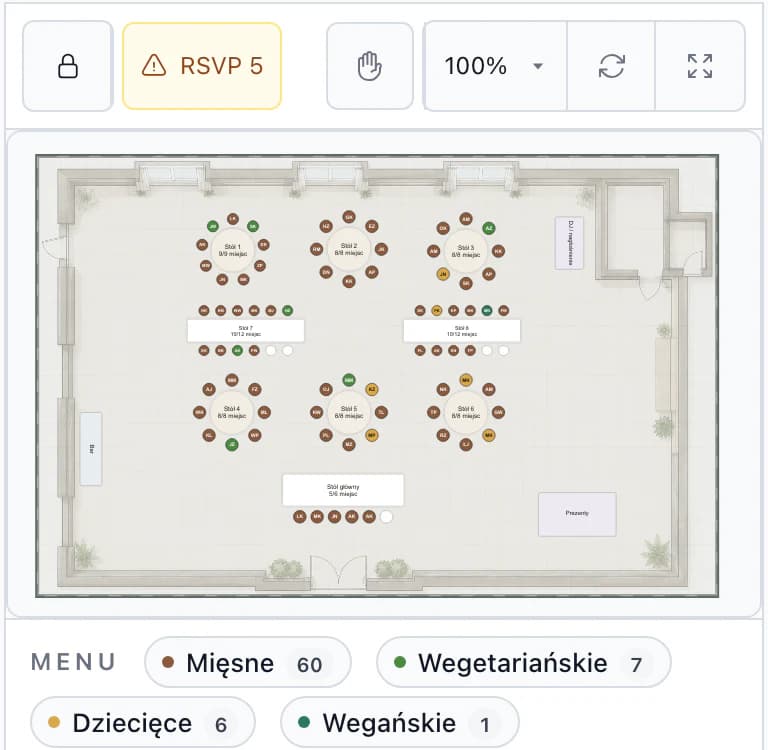 Plan stołów na telefonie: plan stodoły i podsumowanie menu