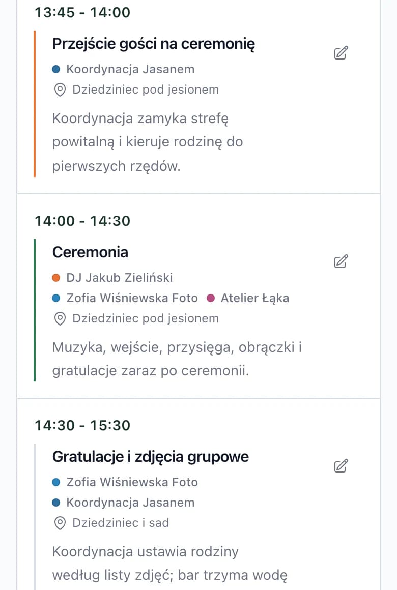 Harmonogram dnia ślubu na telefonie: przejście gości o 13:45, ceremonia o 14:00 i życzenia z podwykonawcami przy każdym punkcie