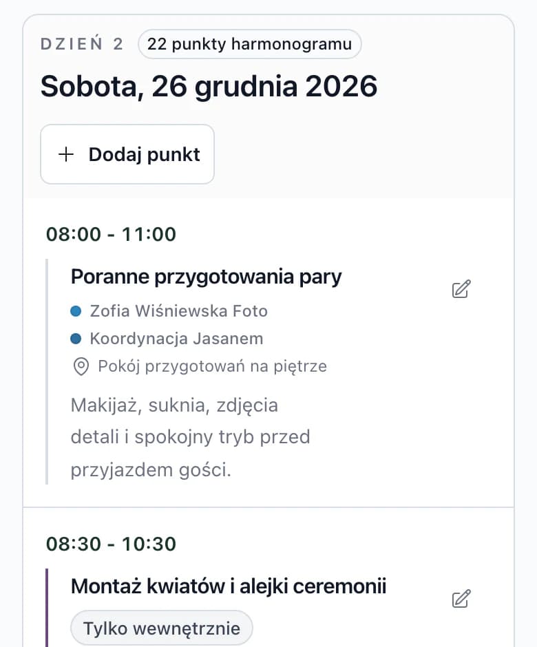 Harmonogram dnia ślubu na telefonie: godzina, punkt programu, podwykonawcy i miejsce