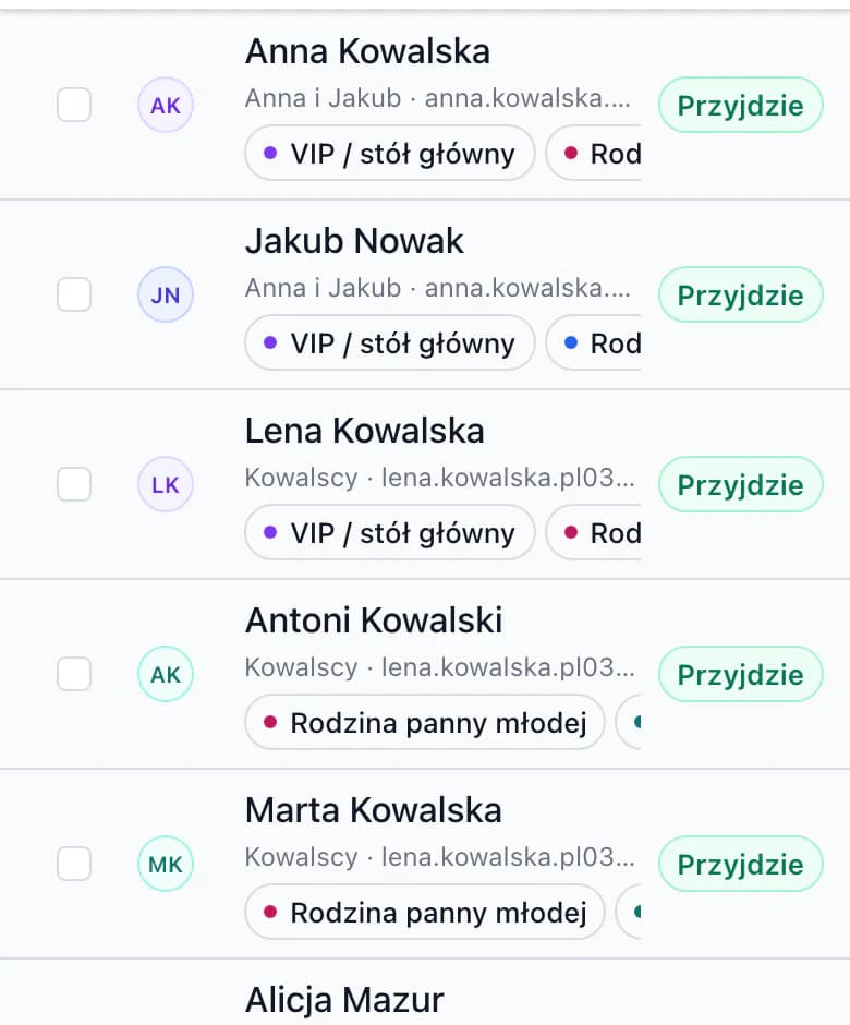 Lista gości na telefonie: odpowiedź, grupa i etykiety przy każdym gościu