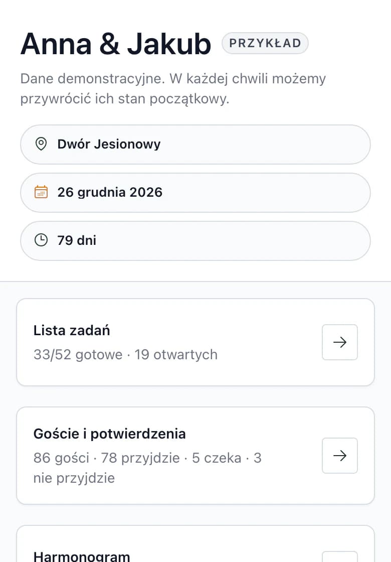 Przegląd ślubu Anna & Jakub na telefonie: nazwa ślubu i obiekt Dwór Jesionowy