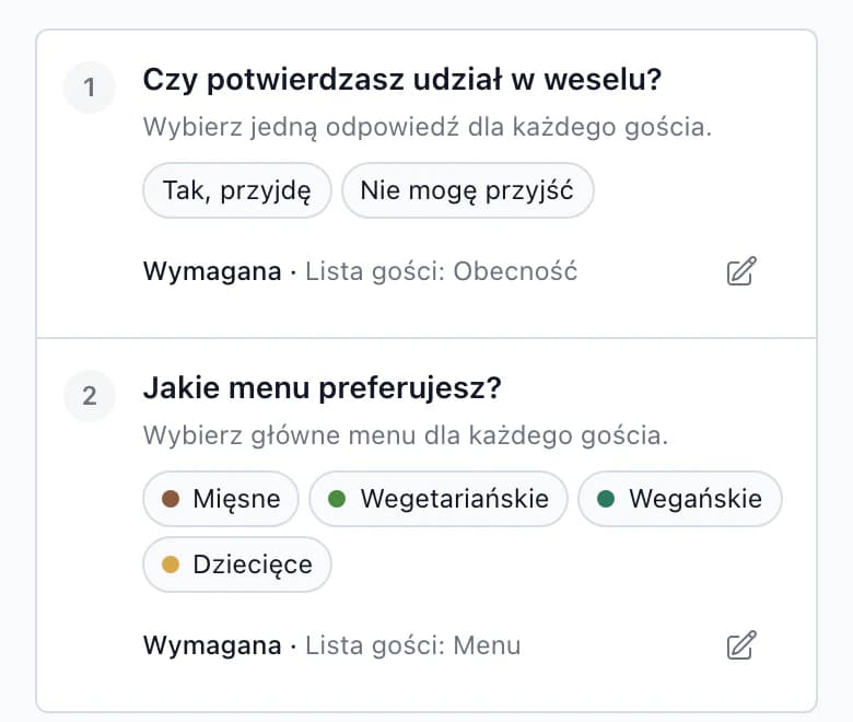 Pytanie RSVP Czy potwierdzasz obecność na ślubie? z powiązaniem Lista gości: Obecność, na telefonie
