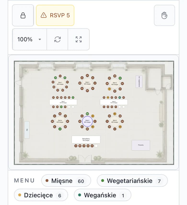 Plan stołów na telefonie: plan stodoły ze wszystkimi stołami, wybrany stół 5 i liczby porcji według menu pod planem