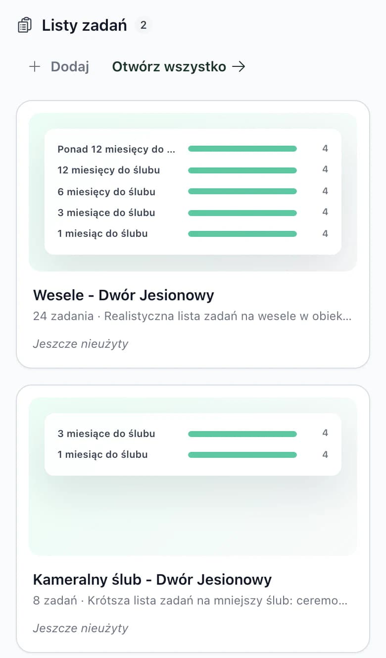 Szablony na telefonie: listy zadań z podglądem według miesięcy do ślubu