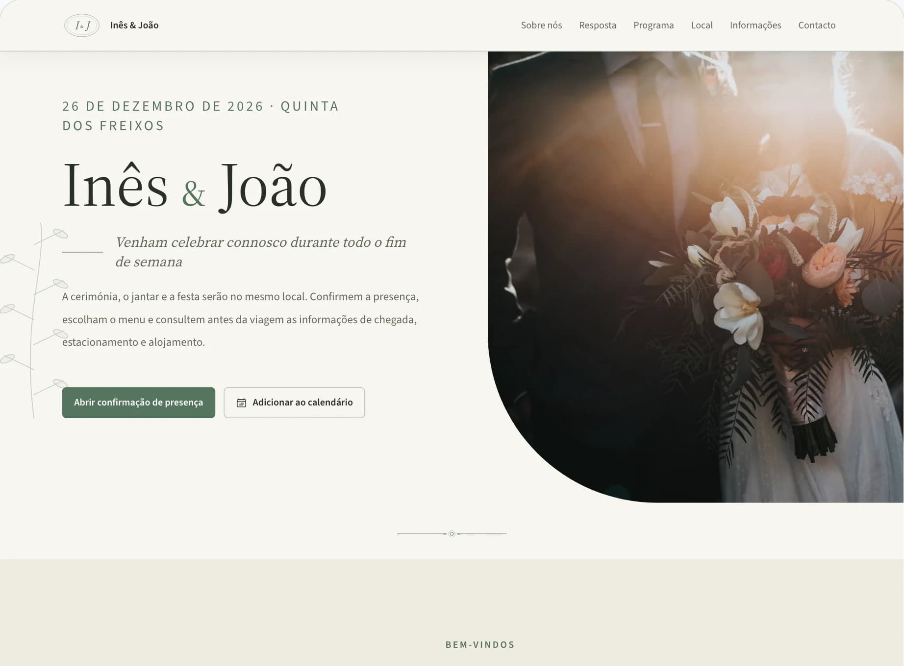 Editor do site para convidados com pré-visualização da página inicial do casamento Inês & João