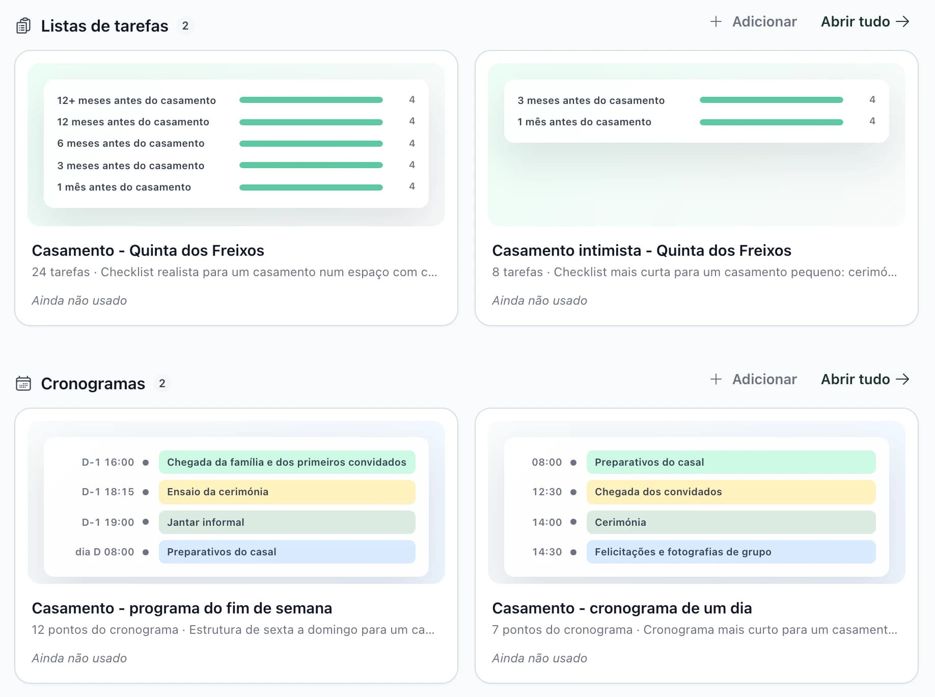 Modelos na aplicação: listas de tarefas por mês até ao casamento e cronogramas com pré-visualização