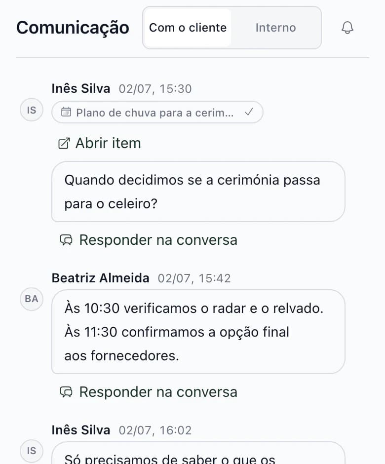 Comunicação no telemóvel: seletor Com o cliente e Interno e pergunta de Inês Silva no item Plano para chuva da cerimónia