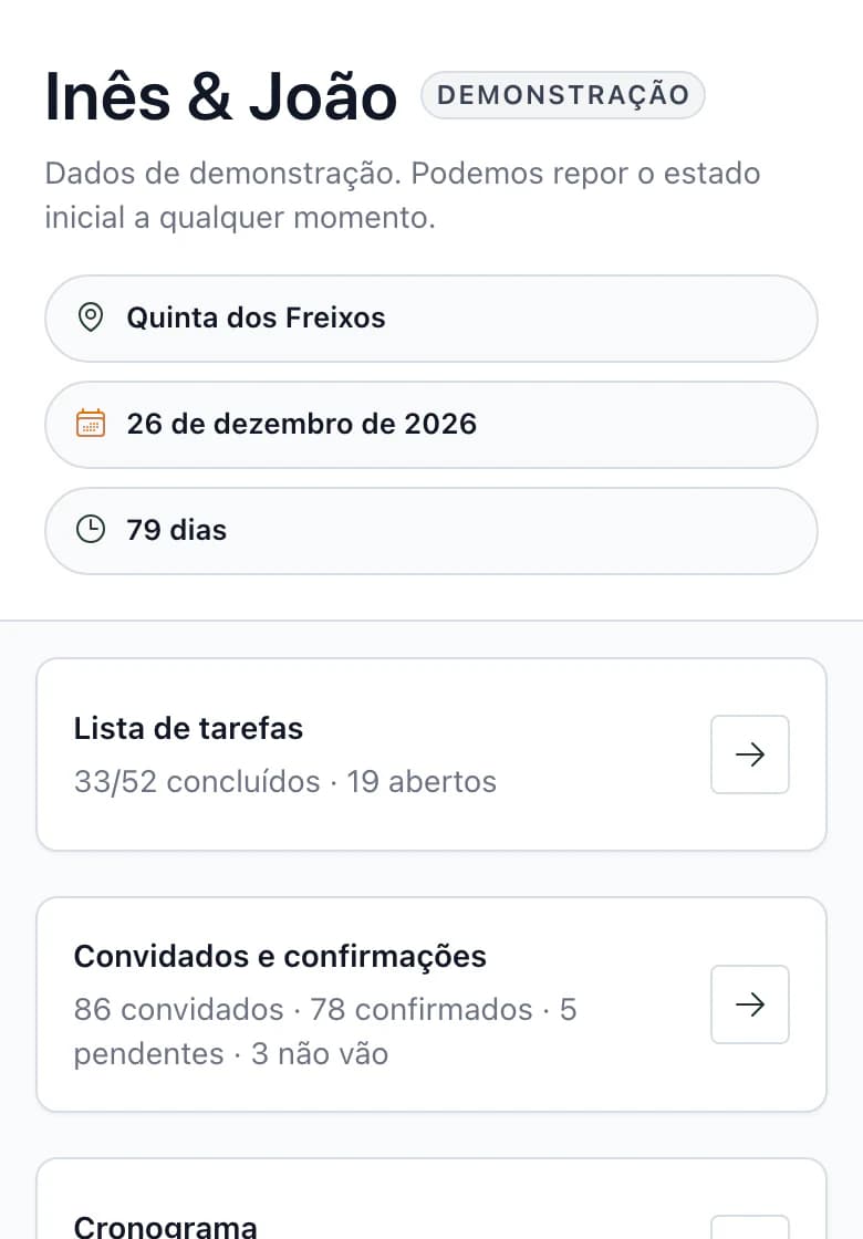 Vista geral do casamento Inês & João no telemóvel: nome e espaço Quinta dos Freixos