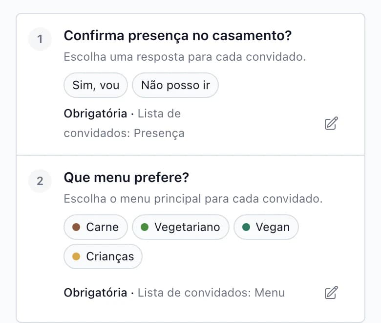 Pergunta RSVP Confirma a presença no casamento? ligada a Lista de convidados: Presença, no telemóvel