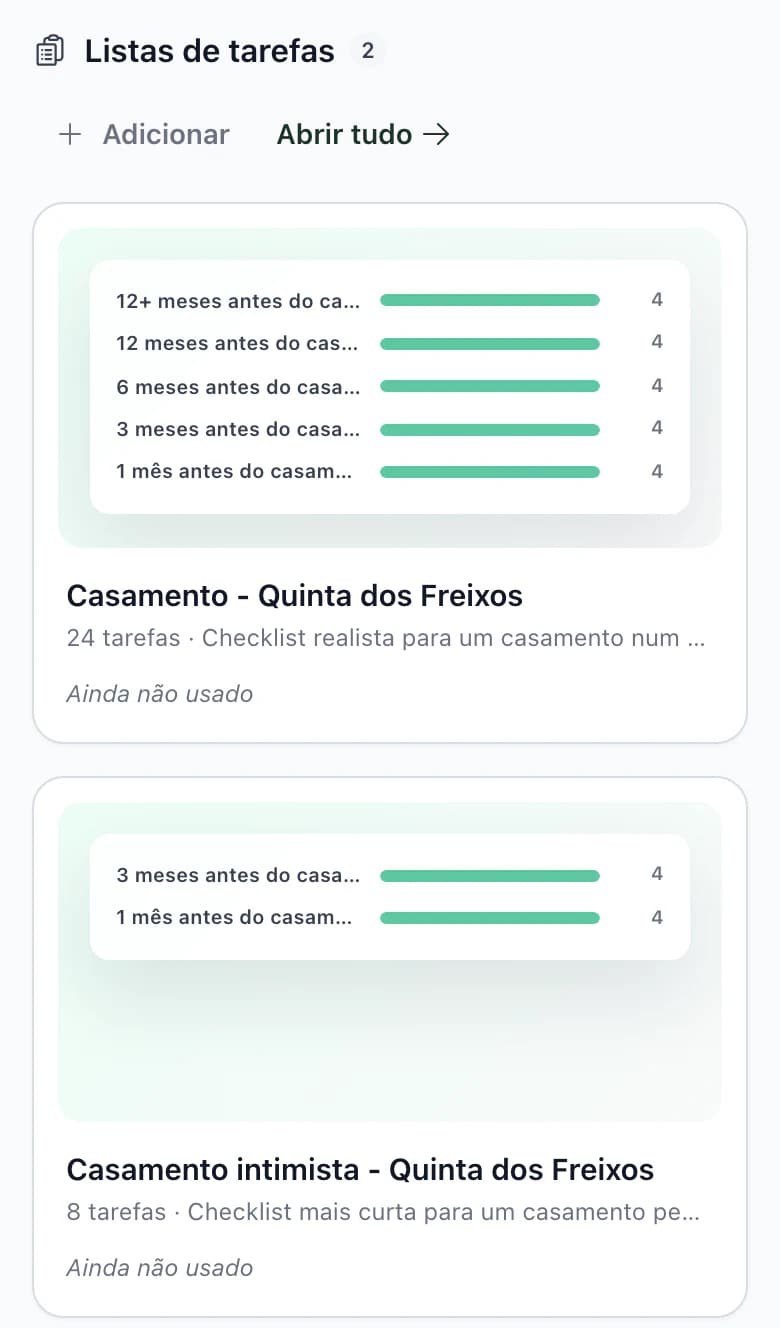 Modelos no telemóvel: listas de tarefas com pré-visualização por mês até ao casamento