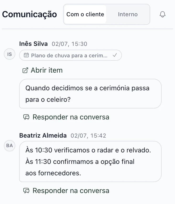 Comunicação com o cliente: Inês Silva pergunta no momento Plano para chuva da cerimónia quando será decidida a mudança para o celeiro e resposta com horas de verificação