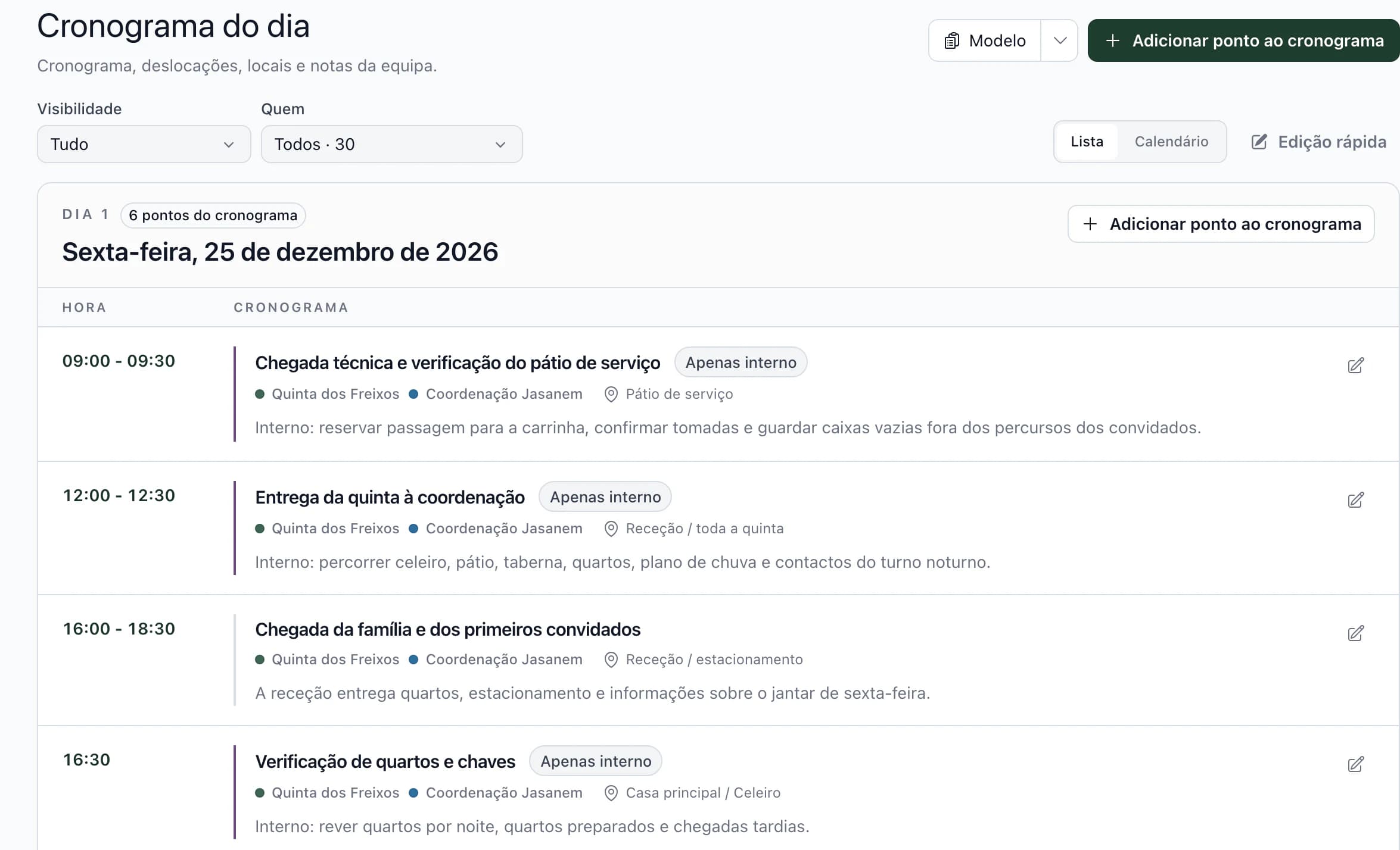 Cronograma do dia com horas, fornecedores, locais e notas internas