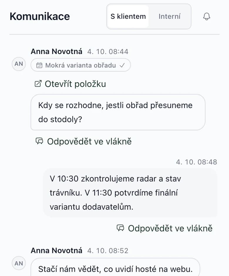 Komunikace na telefonu: přepínač S klientem a Interní a otázka Anny Novotné u položky Mokrá varianta obřadu