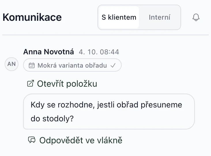 Zpráva klientky Anny Novotné u bodu Mokrá varianta obřadu: kdy se rozhodne, jestli obřad přesuneme do stodoly