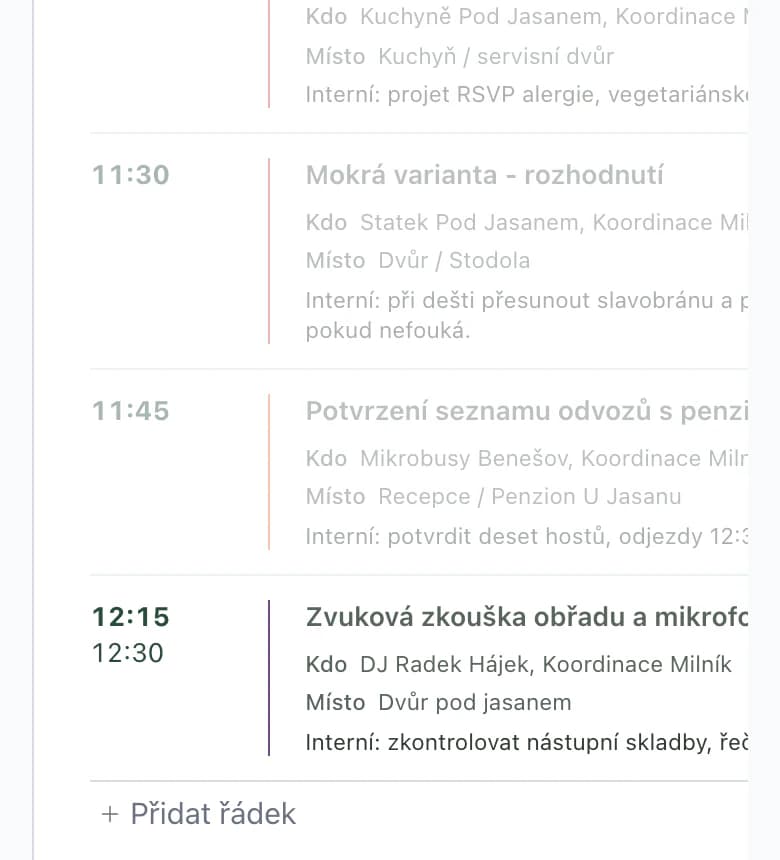 Harmonogram pro DJ na telefonu: šedé body bez DJ a zvuková zkouška ve 12:15 s DJ Radkem Hájkem