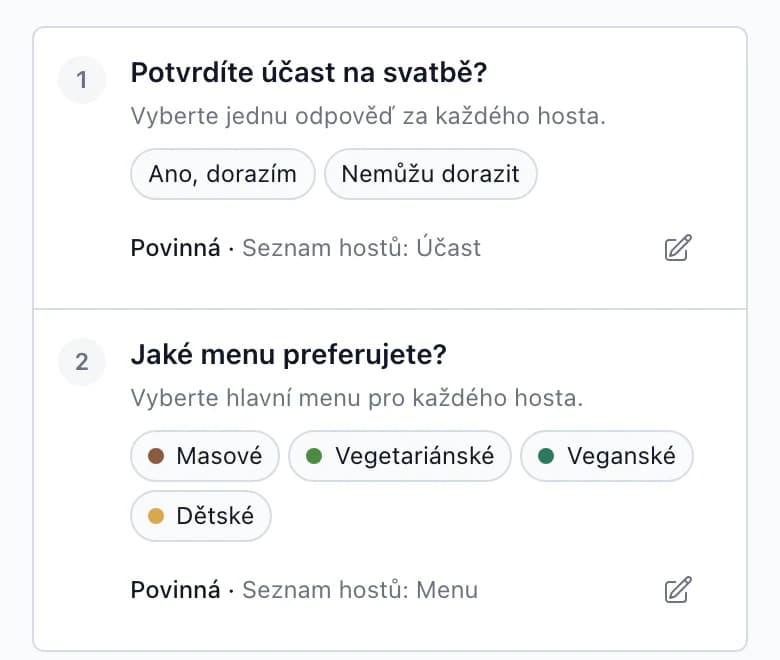 RSVP otázka Potvrdíte účast na svatbě? s odpověďmi Ano, dorazím a Nemůžu dorazit, uložená do sloupce Seznam hostů: Účast