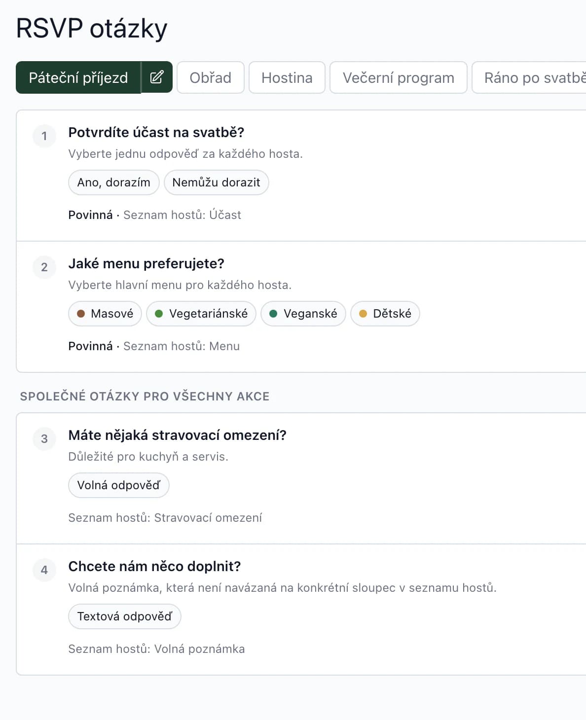 Nastavení RSVP otázek: účast a výběr menu propojené se seznamem hostů