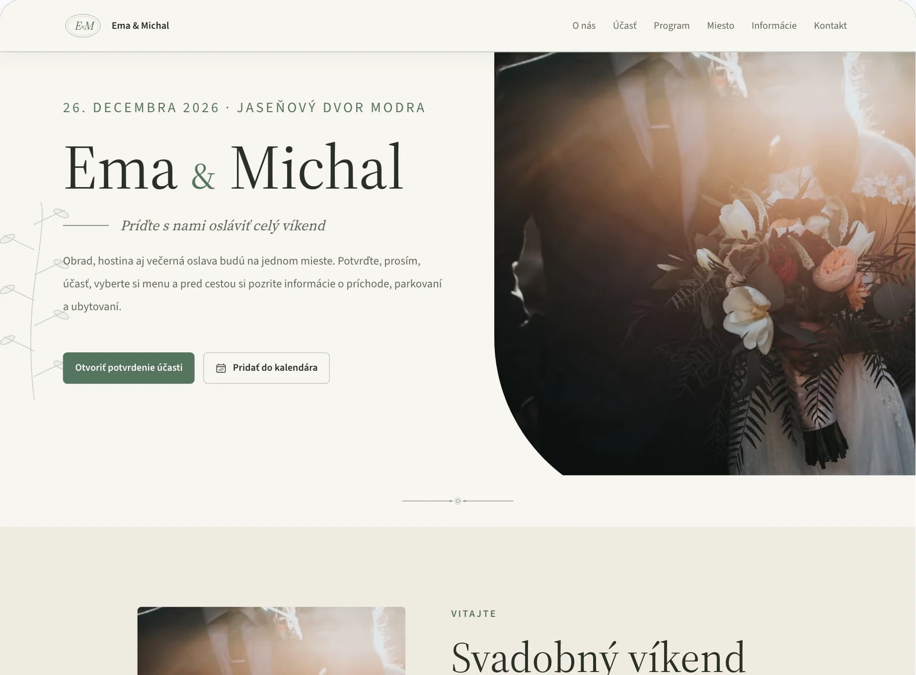 Editor webu pre hostí s náhľadom úvodnej stránky svadby Ema & Michal