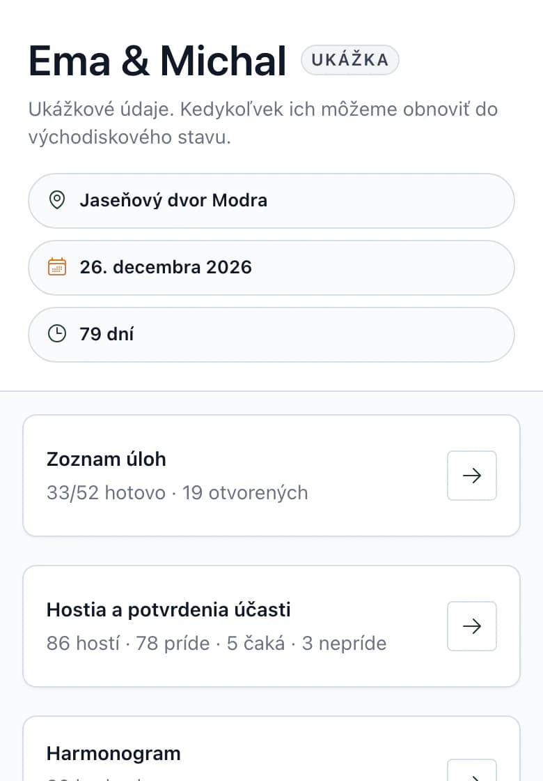 Prehľad svadby Ema & Michal na telefóne: názov svadby a miesto Jaseňový dvor Modra