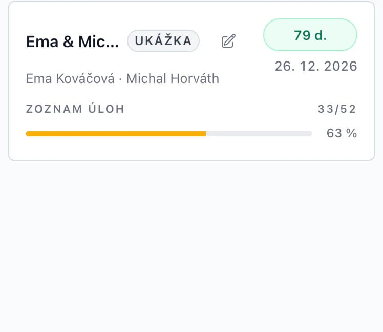 Prehľad svadieb na telefóne: Ema & Michal o 81 dní, 33 z 52 úloh, a Tereza & Matěj o 102 dní