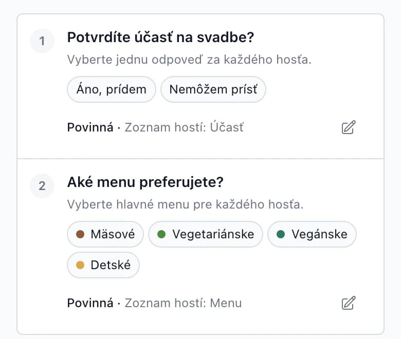 RSVP otázka Potvrdíte účasť na svadbe? s prepojením Zoznam hostí: Účasť, na telefóne