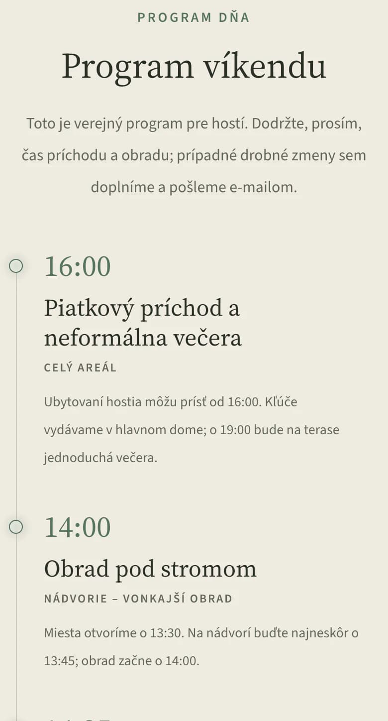 Program na webe svadby v telefóne: piatkový príchod o 16:00 a obrad pod jaseňom o 14:00