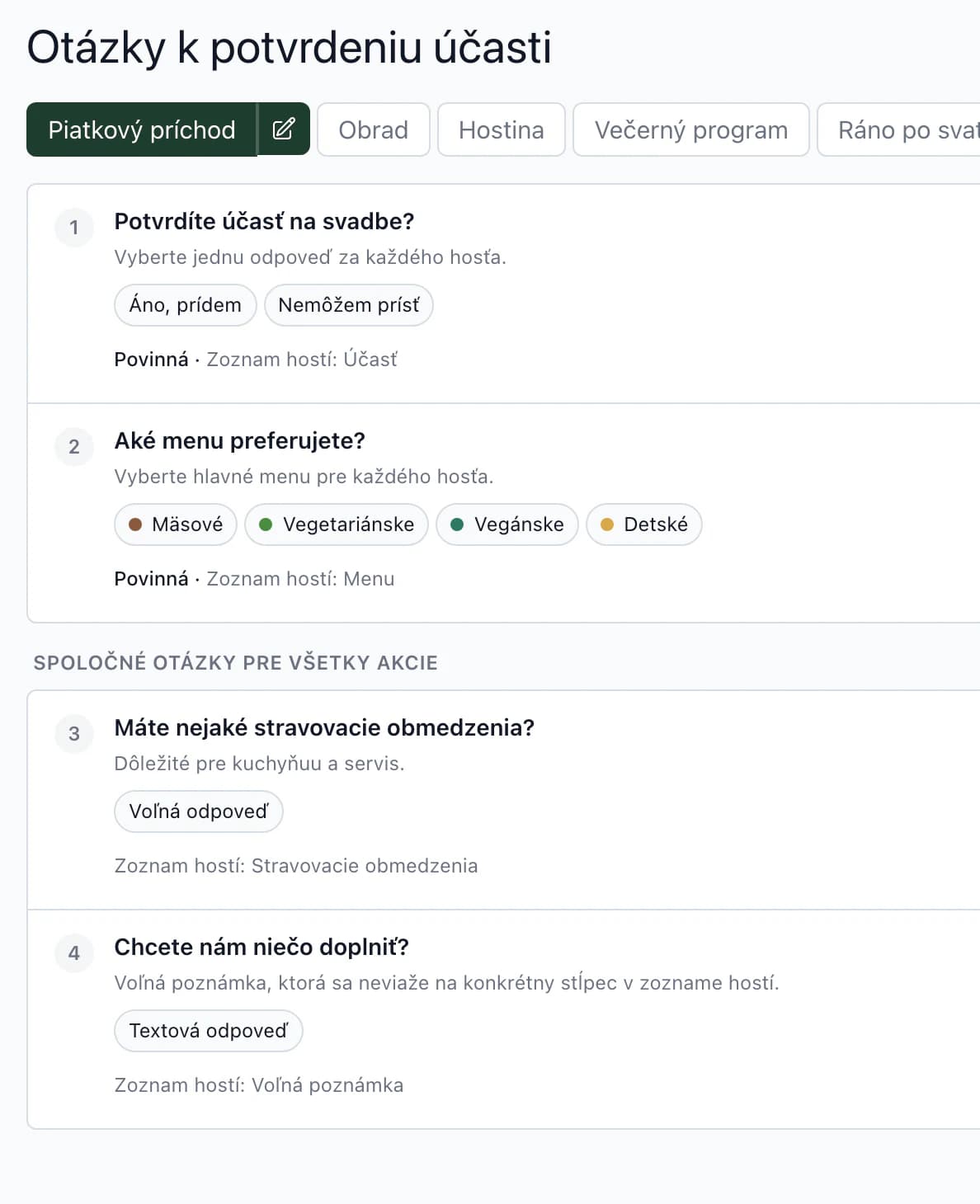 Nastavenie RSVP otázok: účasť a výber menu prepojené so zoznamom hostí
