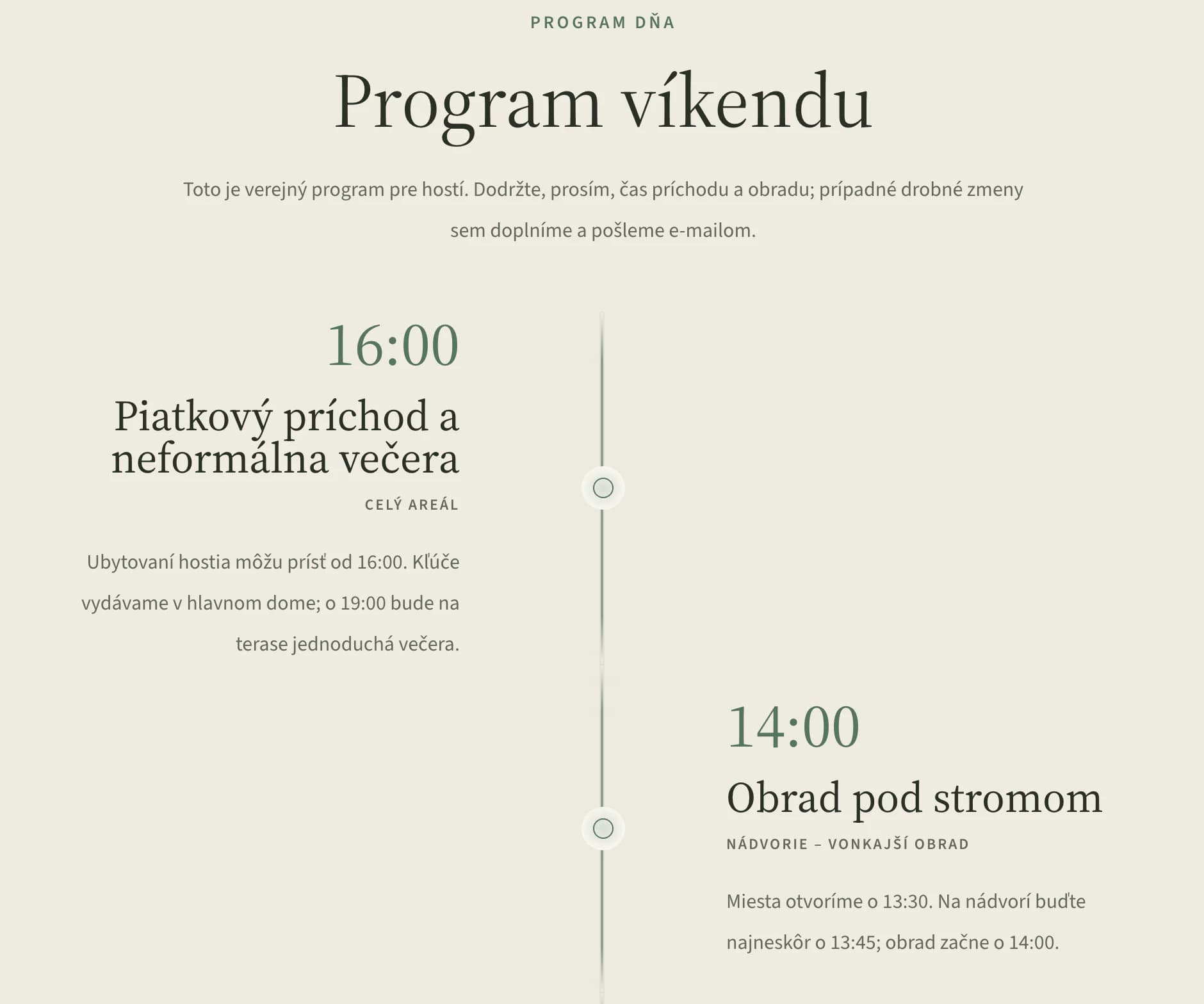 Program na webe svadby: piatkový príchod o 16:00 a obrad pod jaseňom o 14:00, prevzaté z harmonogramu