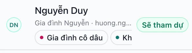 Khách Nguyễn Duy với trạng thái Có tham dự, thẻ Gia đình cô dâu và Đã có phòng