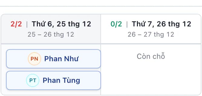 Phòng Khu vườn 03 theo đêm: thứ Sáu 25 thg 12 có Phan Như, Phan Tùng; thứ Bảy trống