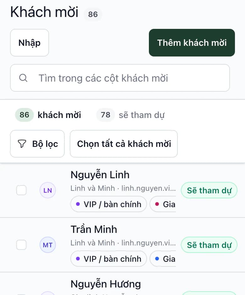 Danh sách khách mời trên điện thoại