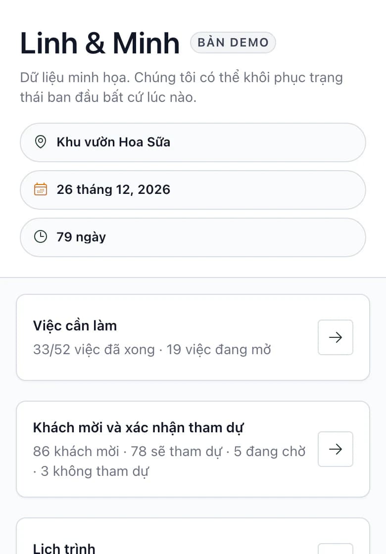Tổng quan đám cưới Linh & Minh trên điện thoại: tên và địa điểm Khu vườn Hoa Sữa