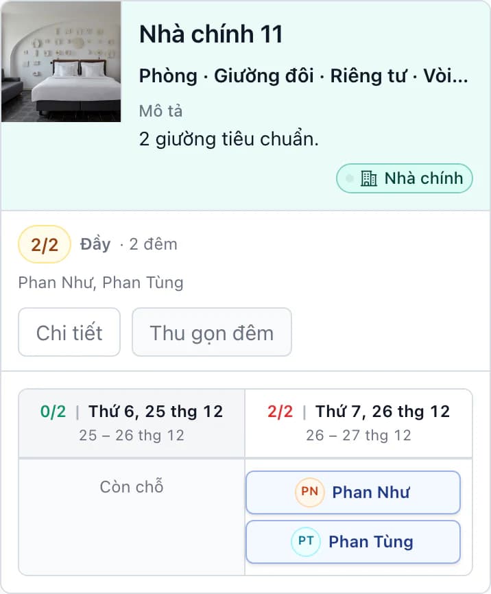 Phòng Nhà chính 11 theo đêm trên điện thoại: thứ Sáu trống, thứ Bảy 26 thg 12 có Phan Như, Phan Tùng, phòng đầy